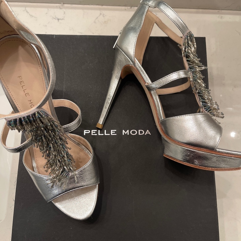 Pelle Moda Silver Metallic Kid Nappa Platform Heeled Sandal - Size 8 1/2 M US